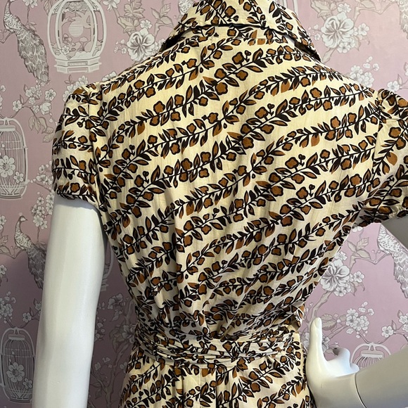 Wrap top dress with A line full skirt in vanilla and brown vine print - Picture 9 of 10